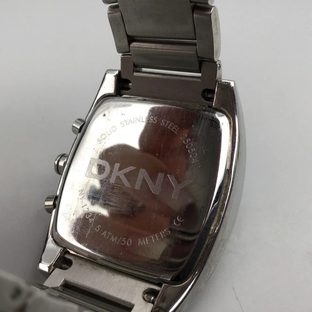 DKNY Mens Watch 38mm Black Dial Stainless Chronograph NY1234 New Battery 7.75